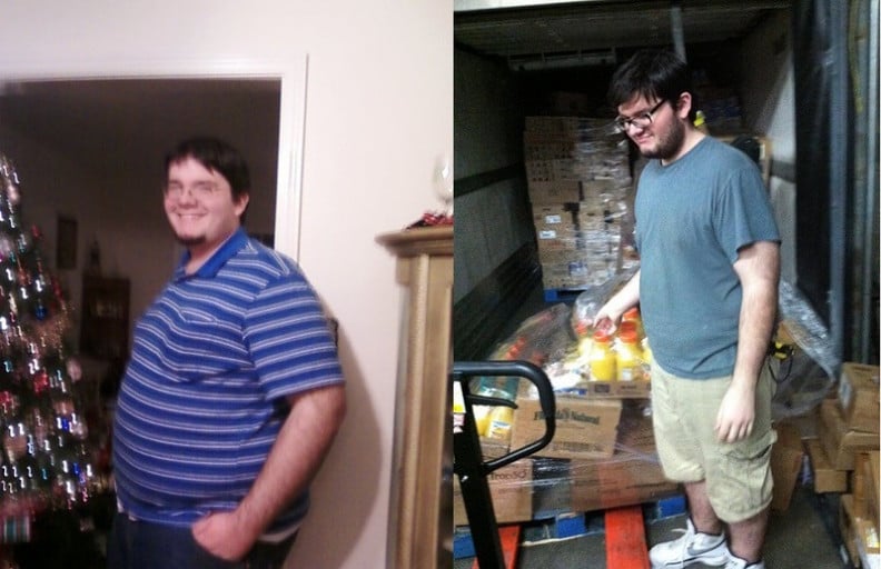 A progress pic of a 6'2" man showing a fat loss from 380 pounds to 308 pounds. A respectable loss of 72 pounds.