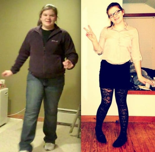 A before and after photo of a 5'7" female showing a weight reduction from 237 pounds to 170 pounds. A net loss of 67 pounds.