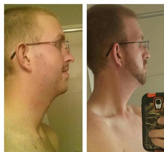A progress pic of a 6'7" man showing a fat loss from 325 pounds to 241 pounds. A total loss of 84 pounds.
