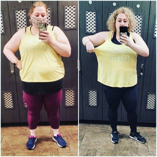 A progress pic of a 5'7" woman showing a fat loss from 325 pounds to 245 pounds. A net loss of 80 pounds.