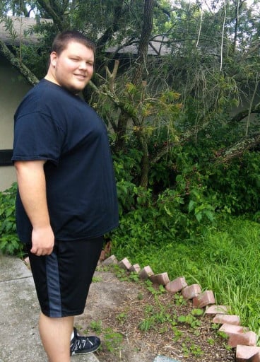 A picture of a 5'11" male showing a fat loss from 424 pounds to 350 pounds. A net loss of 74 pounds.