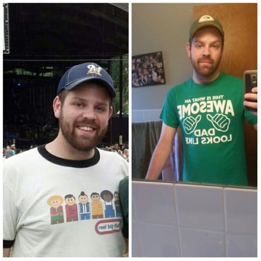 A before and after photo of a 6'1" male showing a weight reduction from 215 pounds to 190 pounds. A respectable loss of 25 pounds.