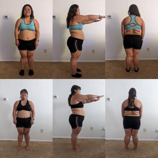 A progress pic of a 4'11" woman showing a fat loss from 205 pounds to 200 pounds. A respectable loss of 5 pounds.