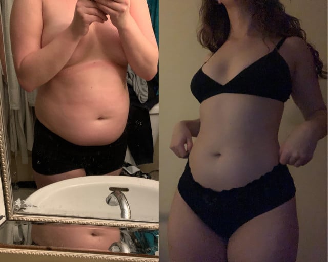 A progress pic of a 5'5" woman showing a fat loss from 162 pounds to 130 pounds. A respectable loss of 32 pounds.