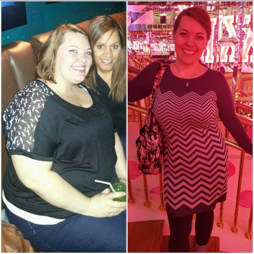 A progress pic of a 5'4" woman showing a fat loss from 271 pounds to 159 pounds. A net loss of 112 pounds.