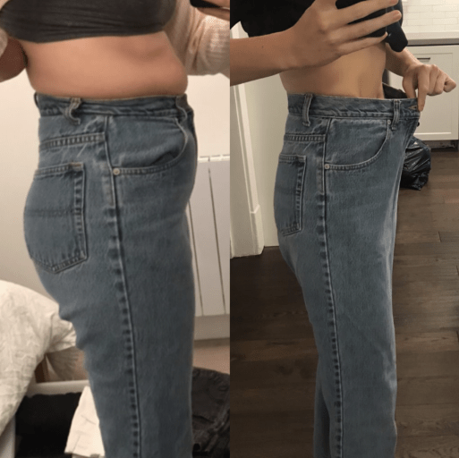 A before and after photo of a 5'8" female showing a weight reduction from 160 pounds to 130 pounds. A net loss of 30 pounds.