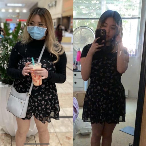 5 foot Female Before and After 20 lbs Weight Loss 150 lbs to 130 lbs