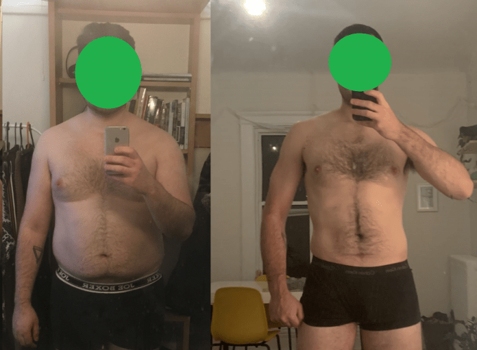A progress pic of a 6'2" man showing a fat loss from 245 pounds to 185 pounds. A total loss of 60 pounds.