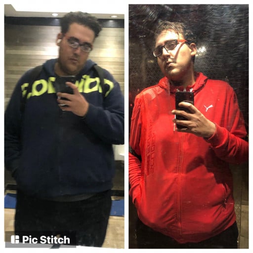 A before and after photo of a 6'0" male showing a weight reduction from 375 pounds to 288 pounds. A respectable loss of 87 pounds.