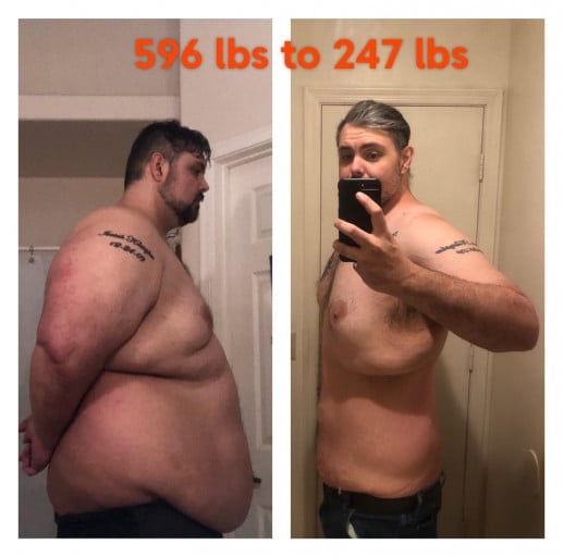 A picture of a 6'7" male showing a weight loss from 597 pounds to 247 pounds. A total loss of 350 pounds.