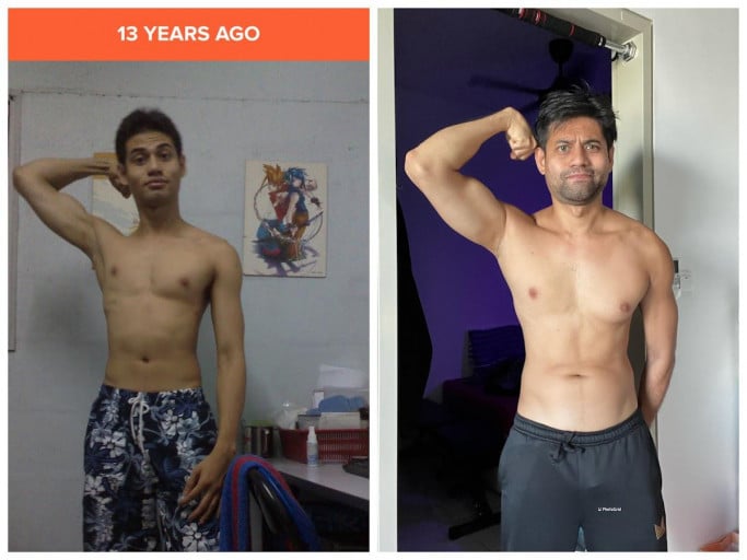 A progress pic of a 5'7" man showing a weight bulk from 110 pounds to 145 pounds. A respectable gain of 35 pounds.