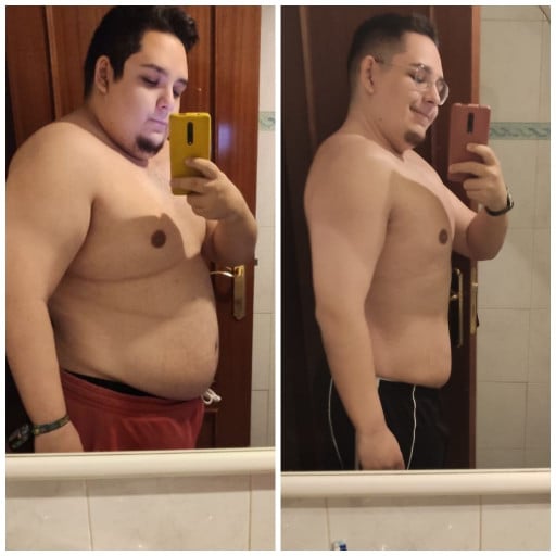 A progress pic of a 5'8" man showing a fat loss from 304 pounds to 217 pounds. A total loss of 87 pounds.