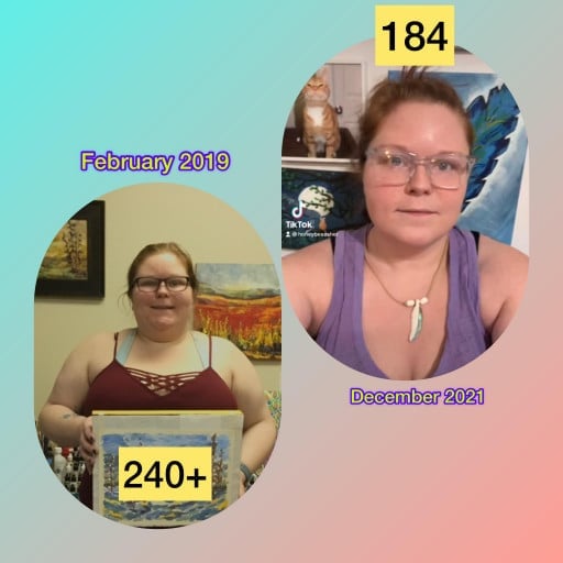 5 feet 2 Female 61 lbs Fat Loss Before and After 245 lbs to 184 lbs