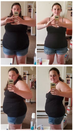 A photo of a 5'4" woman showing a weight cut from 265 pounds to 210 pounds. A total loss of 55 pounds.