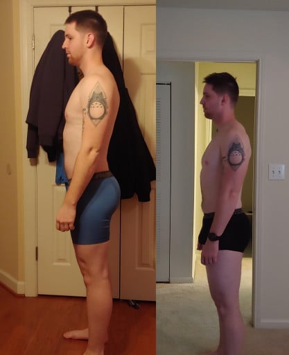 A progress pic of a 6'1" man showing a weight gain from 195 pounds to 202 pounds. A net gain of 7 pounds.