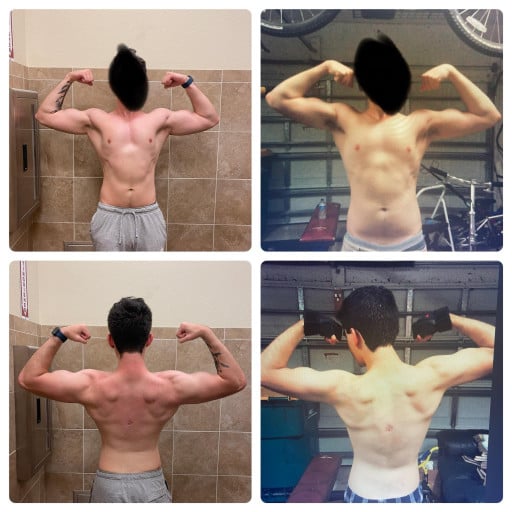 A before and after photo of a 5'10" male showing a weight gain from 150 pounds to 162 pounds. A total gain of 12 pounds.