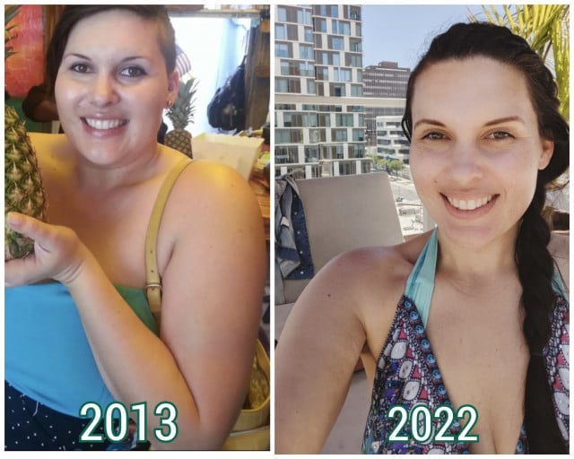 Before and After 68 lbs Fat Loss 5 foot 10 Female 242 lbs to 174 lbs