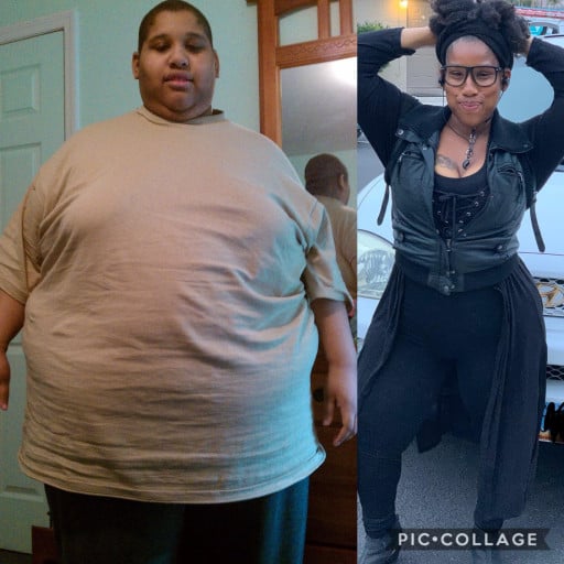 A before and after photo of a 5'5" female showing a weight reduction from 480 pounds to 210 pounds. A total loss of 270 pounds.