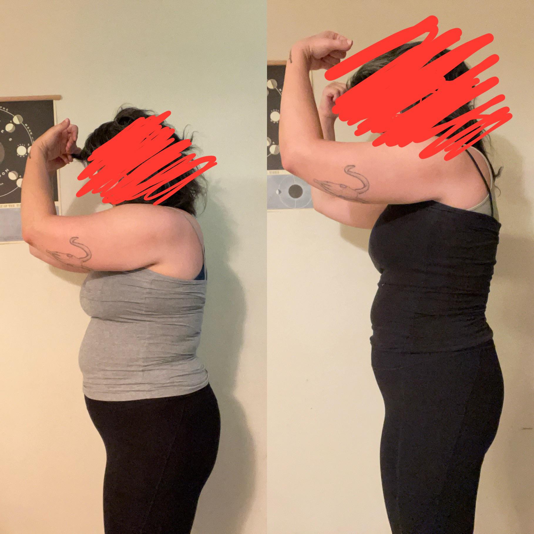 5'6 Female 30 lbs Fat Loss 212 lbs to 182 lbs