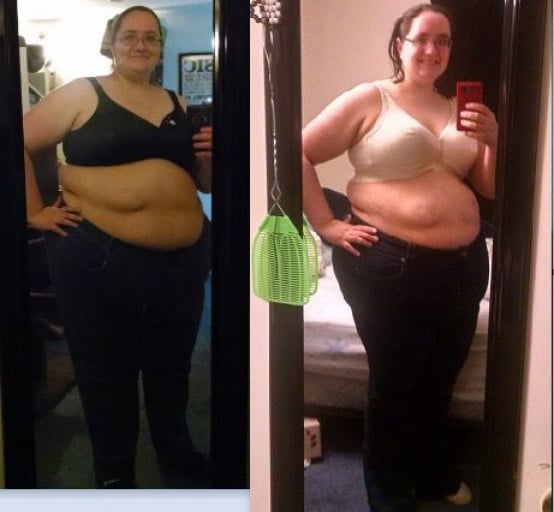 A progress pic of a 5'6" woman showing a fat loss from 371 pounds to 302 pounds. A respectable loss of 69 pounds.