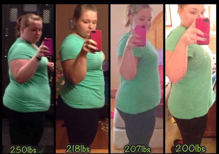 A photo of a 5'3" woman showing a weight cut from 250 pounds to 200 pounds. A net loss of 50 pounds.