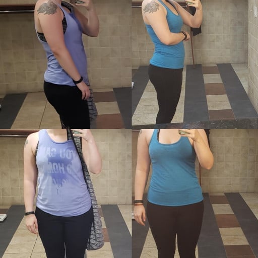 A before and after photo of a 5'5" female showing a weight reduction from 163 pounds to 153 pounds. A respectable loss of 10 pounds.