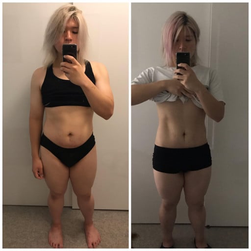 A photo of a 5'3" woman showing a weight cut from 177 pounds to 162 pounds. A net loss of 15 pounds.