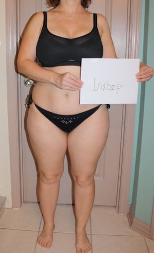 A before and after photo of a 5'5" female showing a snapshot of 178 pounds at a height of 5'5