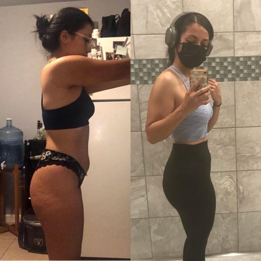 A before and after photo of a 5'1" female showing a muscle gain from 120 pounds to 126 pounds. A respectable gain of 6 pounds.