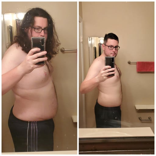 A picture of a 6'0" male showing a weight loss from 305 pounds to 240 pounds. A net loss of 65 pounds.