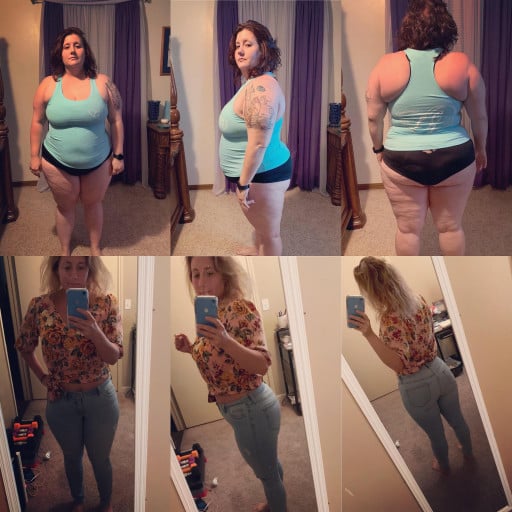 A photo of a 5'4" woman showing a weight cut from 268 pounds to 165 pounds. A total loss of 103 pounds.