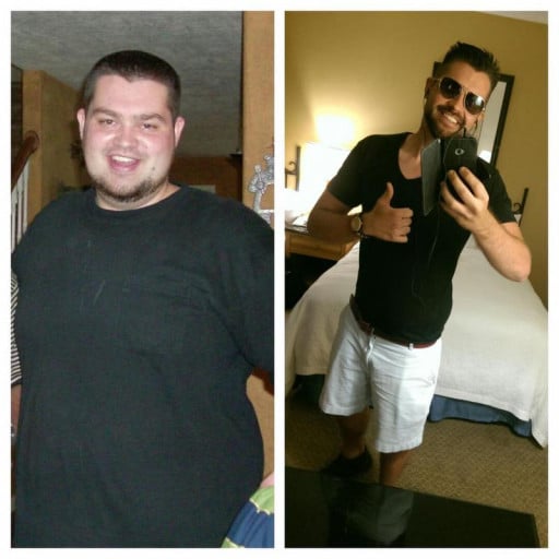 A progress pic of a 6'1" man showing a fat loss from 315 pounds to 200 pounds. A net loss of 115 pounds.