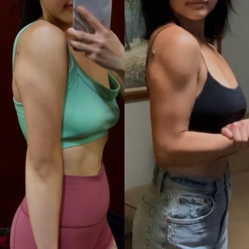 A progress pic of a 5'3" woman showing a fat loss from 122 pounds to 120 pounds. A respectable loss of 2 pounds.