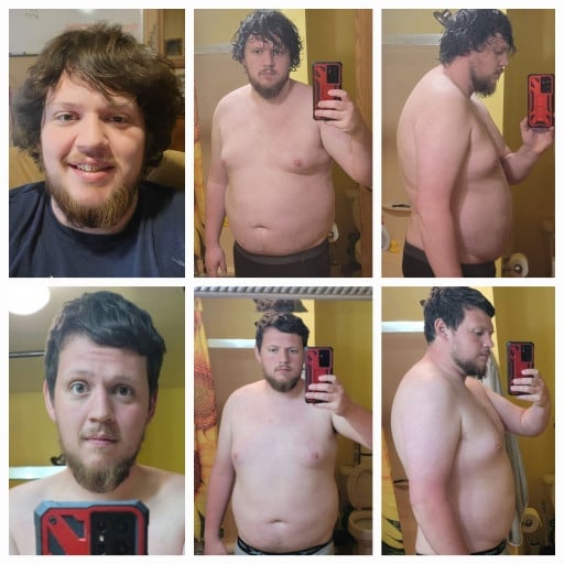 A before and after photo of a 6'5" male showing a weight reduction from 300 pounds to 277 pounds. A net loss of 23 pounds.
