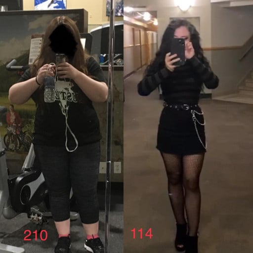 A progress pic of a 5'1" woman showing a fat loss from 210 pounds to 114 pounds. A net loss of 96 pounds.