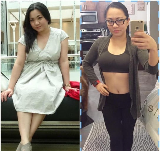 A progress pic of a 5'0" woman showing a fat loss from 142 pounds to 111 pounds. A total loss of 31 pounds.