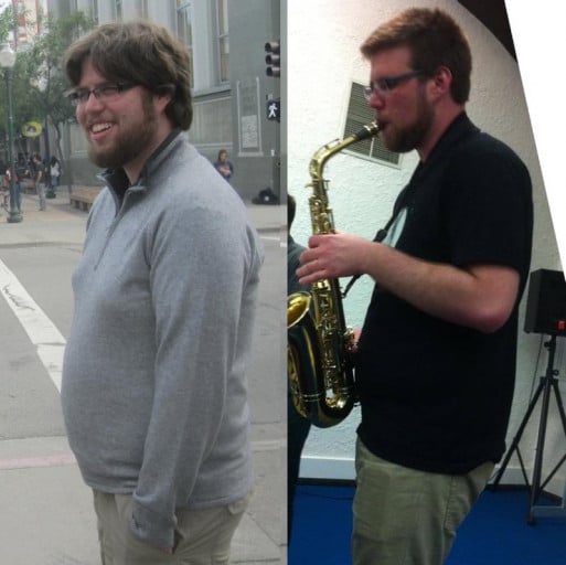 A progress pic of a 6'3" man showing a fat loss from 285 pounds to 215 pounds. A total loss of 70 pounds.