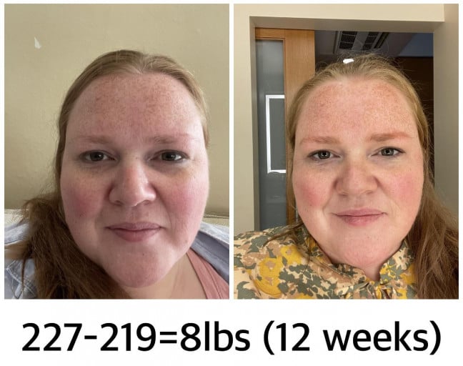 A picture of a 5'2" female showing a weight loss from 227 pounds to 219 pounds. A net loss of 8 pounds.