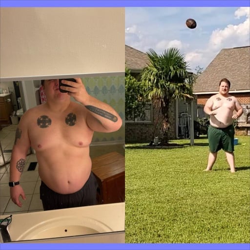 A progress pic of a 5'9" man showing a fat loss from 310 pounds to 260 pounds. A net loss of 50 pounds.