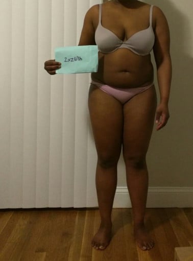 A photo of a 5'1" woman showing a snapshot of 165 pounds at a height of 5'1