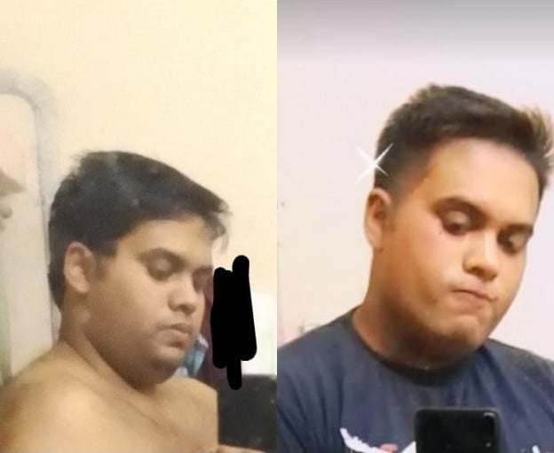 A progress pic of a 5'8" man showing a fat loss from 216 pounds to 194 pounds. A total loss of 22 pounds.