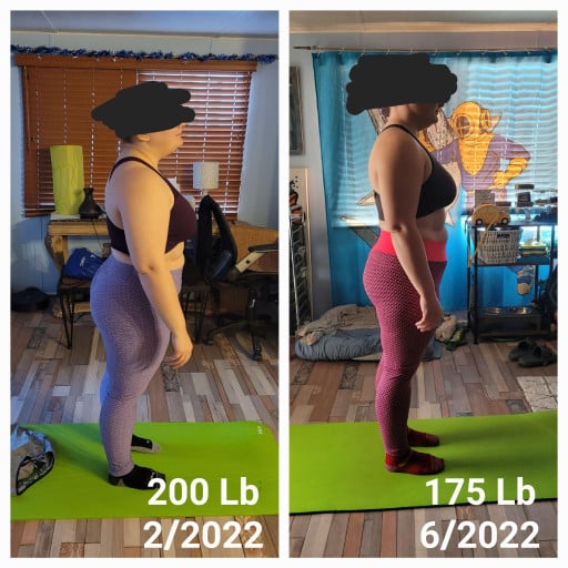 A picture of a 5'2" female showing a weight loss from 200 pounds to 175 pounds. A net loss of 25 pounds.