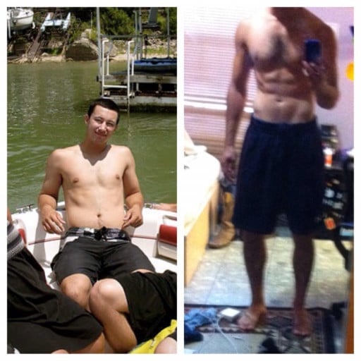 A before and after photo of a 6'0" male showing a muscle gain from 146 pounds to 181 pounds. A net gain of 35 pounds.