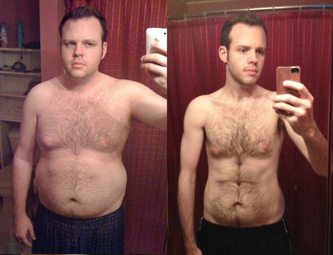 A picture of a 6'1" male showing a fat loss from 245 pounds to 163 pounds. A total loss of 82 pounds.