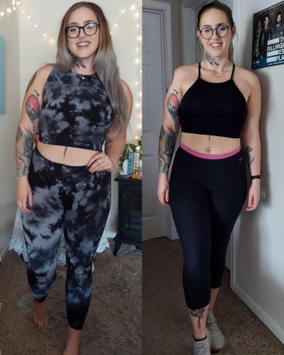 A photo of a 5'8" woman showing a weight cut from 215 pounds to 182 pounds. A net loss of 33 pounds.