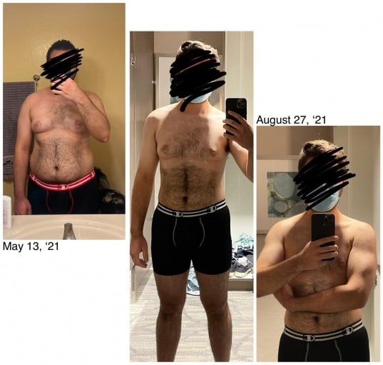A picture of a 5'8" male showing a weight loss from 210 pounds to 163 pounds. A net loss of 47 pounds.