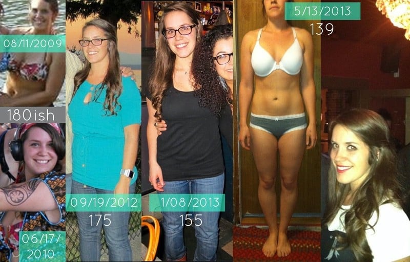 A photo of a 5'5" woman showing a weight cut from 180 pounds to 139 pounds. A net loss of 41 pounds.