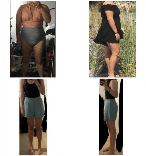 A before and after photo of a 5'4" female showing a weight reduction from 188 pounds to 114 pounds. A respectable loss of 74 pounds.