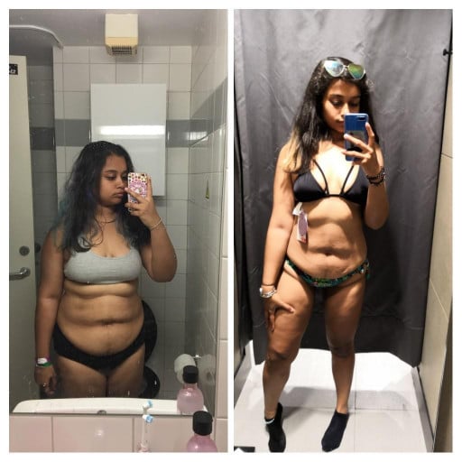 A photo of a 5'4" woman showing a weight cut from 209 pounds to 138 pounds. A net loss of 71 pounds.