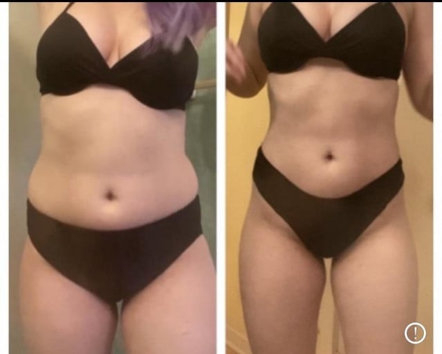 A picture of a 5'2" female showing a weight loss from 130 pounds to 120 pounds. A net loss of 10 pounds.